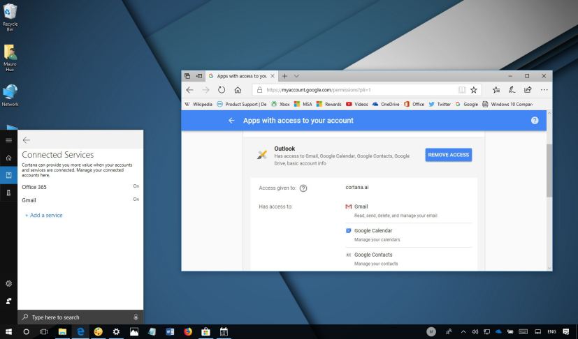 Cortana Connected Services Gmail option
