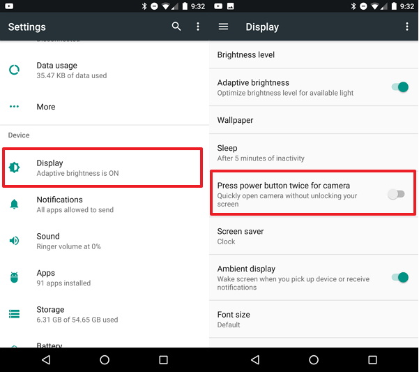 Disable power button to launch camera on Android