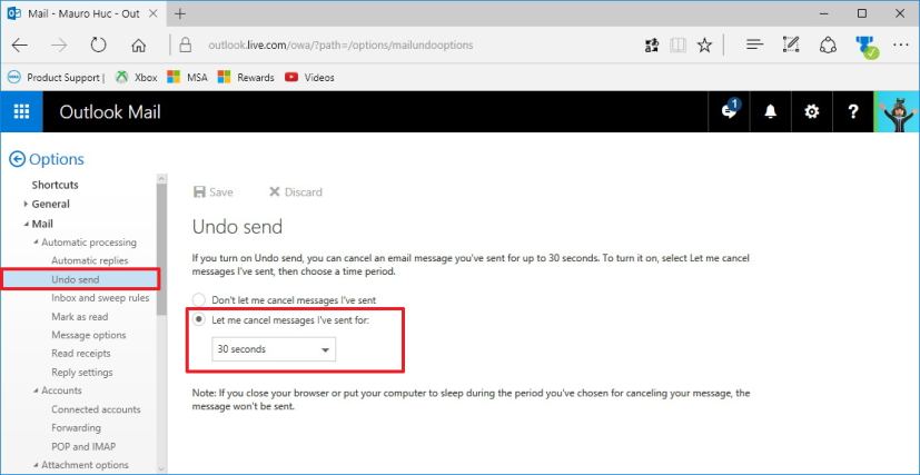 Outlook web "undo send" options