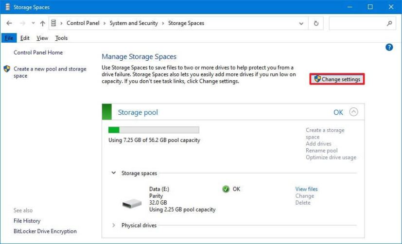 Storage Spaces change settings