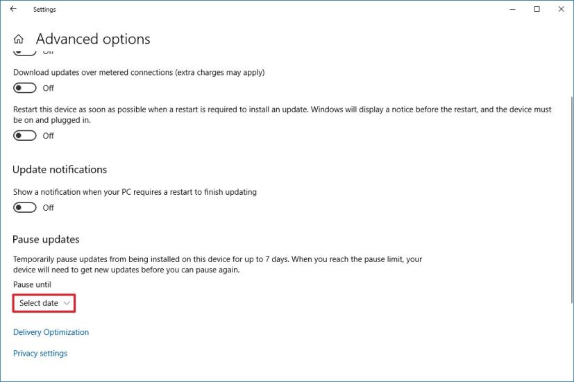 Windows 10 Advanced options page with new Pause Updates settings