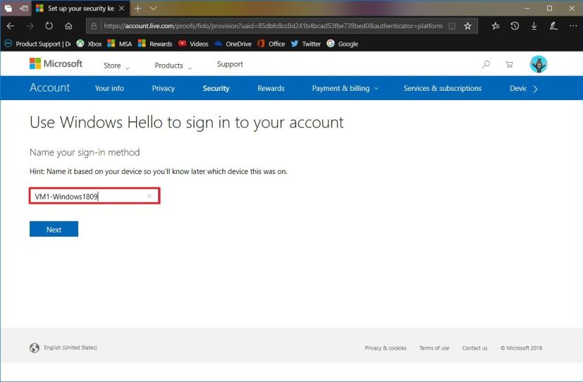 Set up a Windows Hello name for the password-less authentication