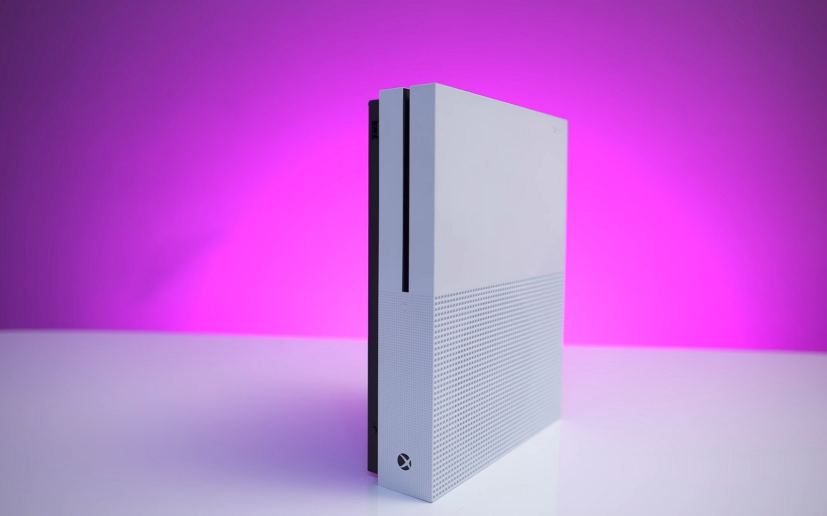 Xbox One S console (purple background)