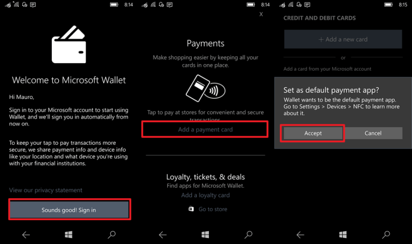 Microsoft Wallet tap to pay NFC payments